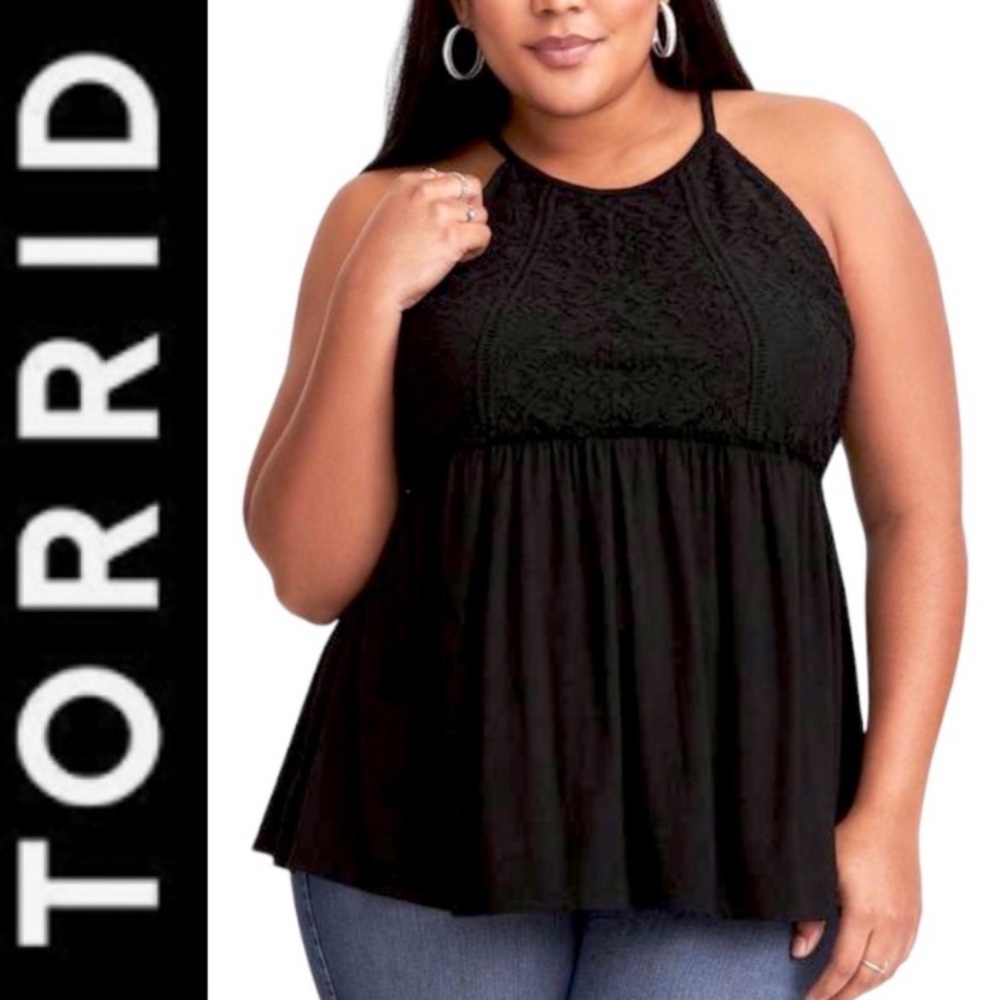 NWT "Torrid" black lace babydoll tank/ high neck/ keyhole back/ sleeveless- 1